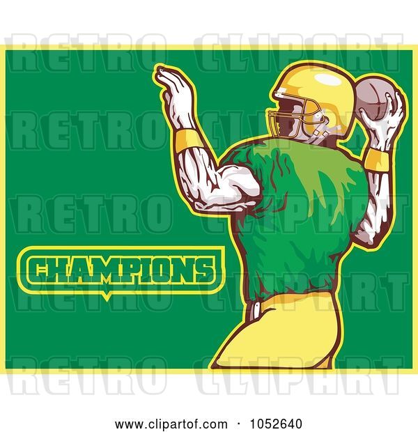 Vector Clip Art of Retro American Football Player with Champions Text on Green and Yellow