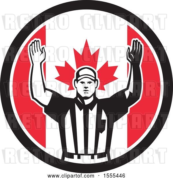 Vector Clip Art of Retro American Football Referee Gesturing Touchdown in a Canadian Flag Circle