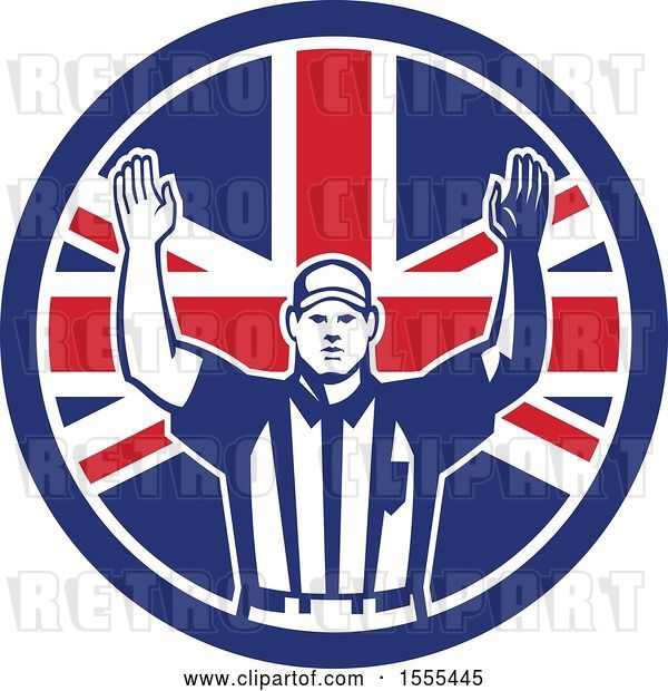 Vector Clip Art of Retro American Football Referee Gesturing Touchdown in a Union Jack Flag Circle