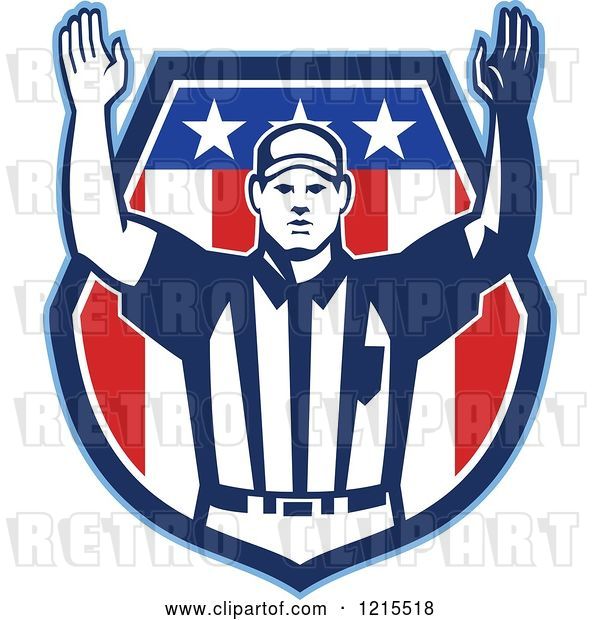 Vector Clip Art of Retro American Football Referee Holding His Arms up for Touchdown