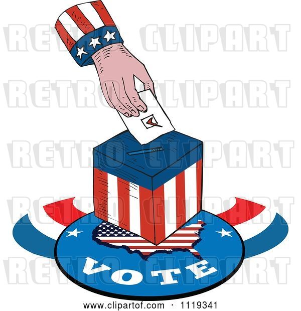 Vector Clip Art of Retro American Hand Inserting a Voters Ballot into a Box