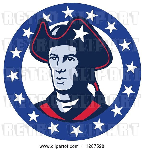 Vector Clip Art of Retro American Patriot Minuteman Revolutionary Soldier in a Circle of Stars