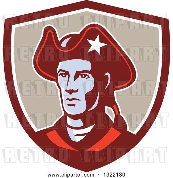 Vector Clip Art of Retro American Patriot Minuteman Revolutionary Soldier in a Maroon White and Tan Shield