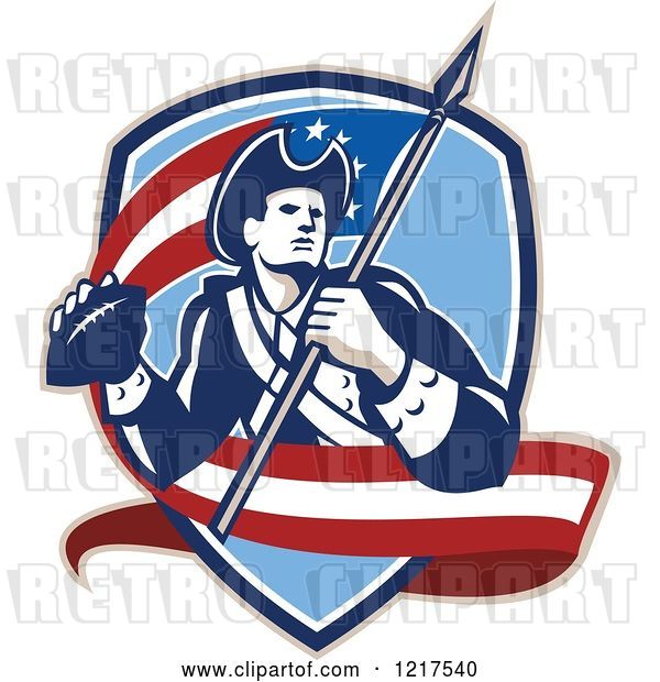 Vector Clip Art of Retro American Patriot Soldier with an American Football and Flag in a Shield
