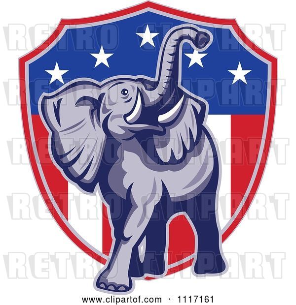 Vector Clip Art of Retro American Republican Political Party Elephant over an American Shield 1