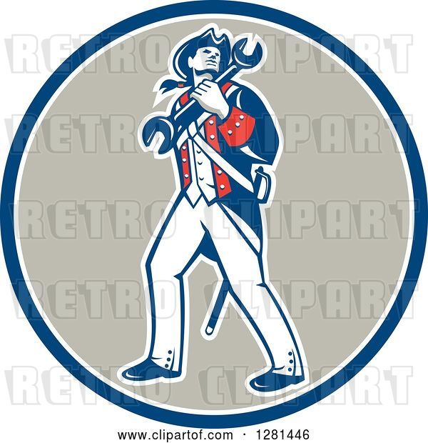 Vector Clip Art of Retro American Revolutionary Patriot Soldier Mechanic Walking with a Spanner Wrench in a Blue White and Taupe Circle