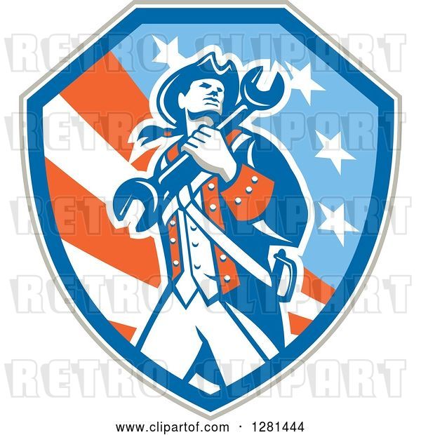 Vector Clip Art of Retro American Revolutionary Patriot Soldier Mechanic Walking with a Spanner Wrench in a Patriotic Shield