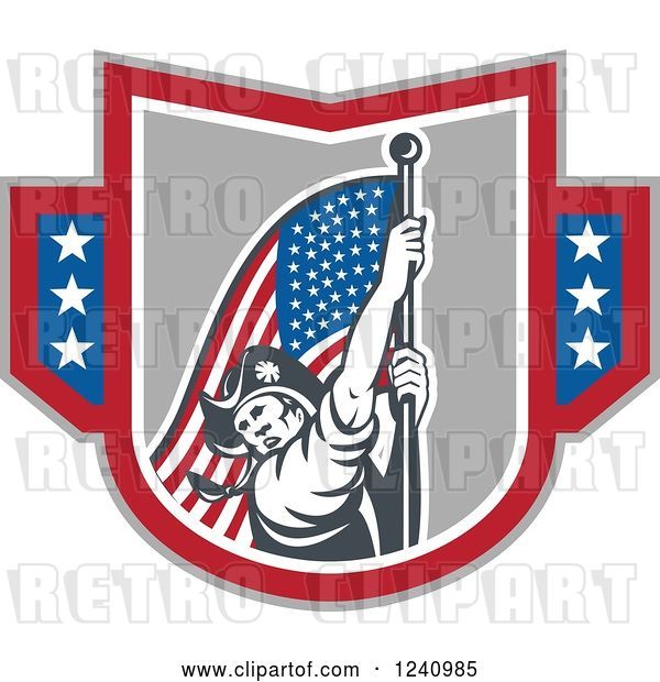 Vector Clip Art of Retro American Revolutionary Soldier Patriot Minuteman Carrying a Flag in a Shield