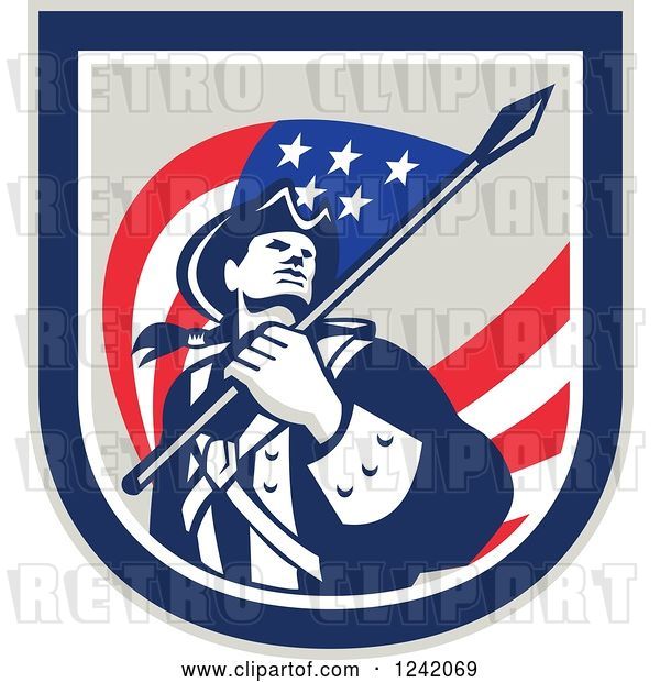 Vector Clip Art of Retro American Revolutionary Soldier Patriot Minuteman with a Flag in a Crest
