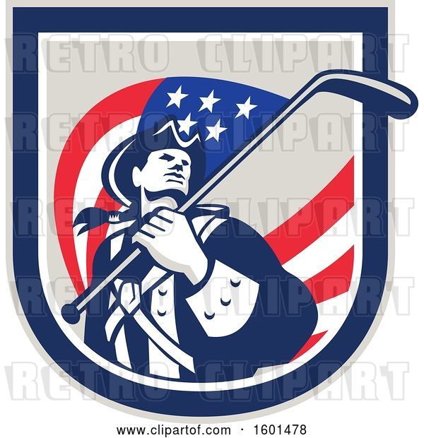 Vector Clip Art of Retro American Revolutionary Soldier Patriot Minuteman with a Hockey Stick Flag in a Crest