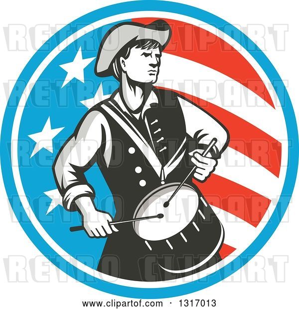 Vector Clip Art of Retro American Revolutionary War Soldier Patriot Minuteman Drummer in a Circle of Stars and Stripes