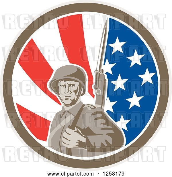 Vector Clip Art of Retro American Soldier with a Bayonet in an American Flag Circle