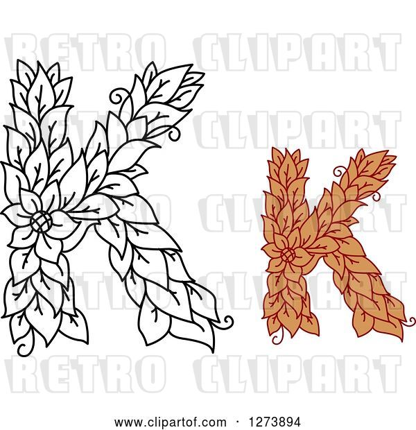 Vector Clip Art of Retro and Colored Floral Capital Letter K Designs