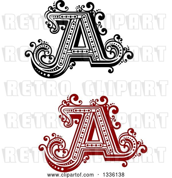 Vector Clip Art of Retro and Red Capital Letter a Designs with Flourishes