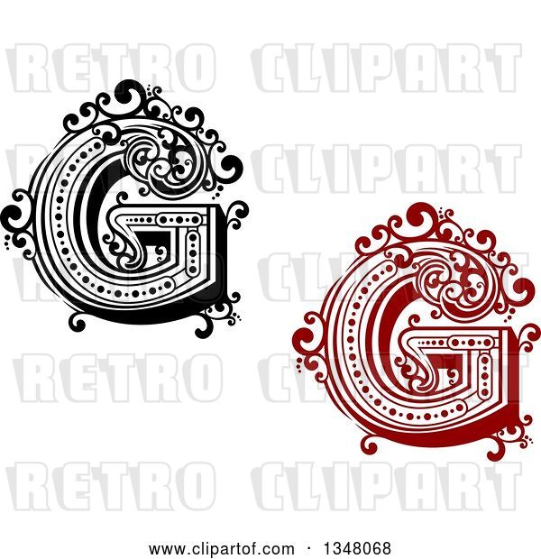 Vector Clip Art of Retro and Red Capital Letter G with Flourishes