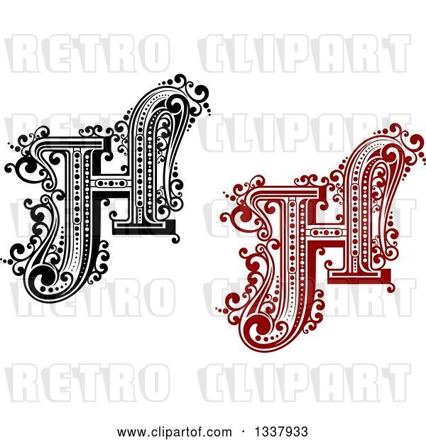 Vector Clip Art of Retro and Red Capital Letter H with Flourishes