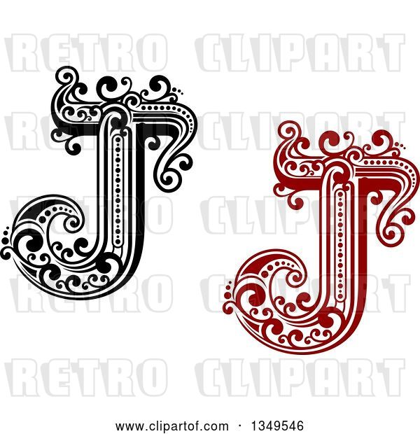 Vector Clip Art of Retro and Red Capital Letter J with Flourishes