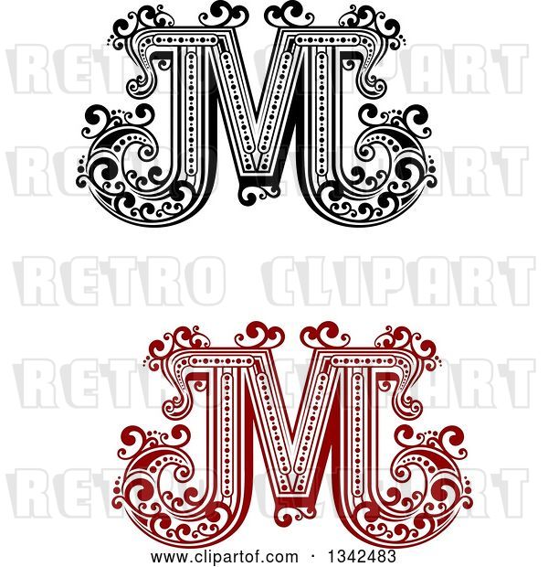 Vector Clip Art of Retro and Red Capital Letter M with Flourishes