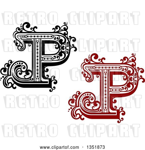 Vector Clip Art of Retro and Red Capital Letter P with Flourishes