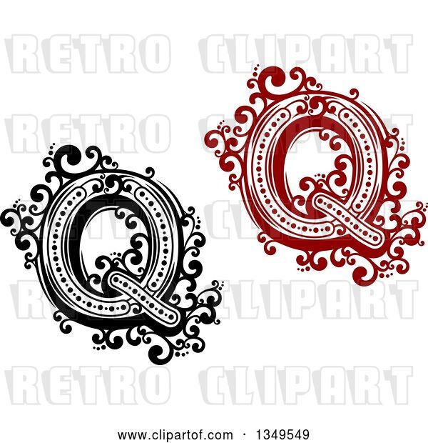 Vector Clip Art of Retro and Red Capital Letter Q with Flourishes