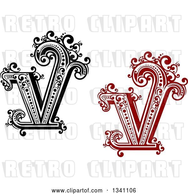 Vector Clip Art of Retro and Red Capital Letter V with Flourishes