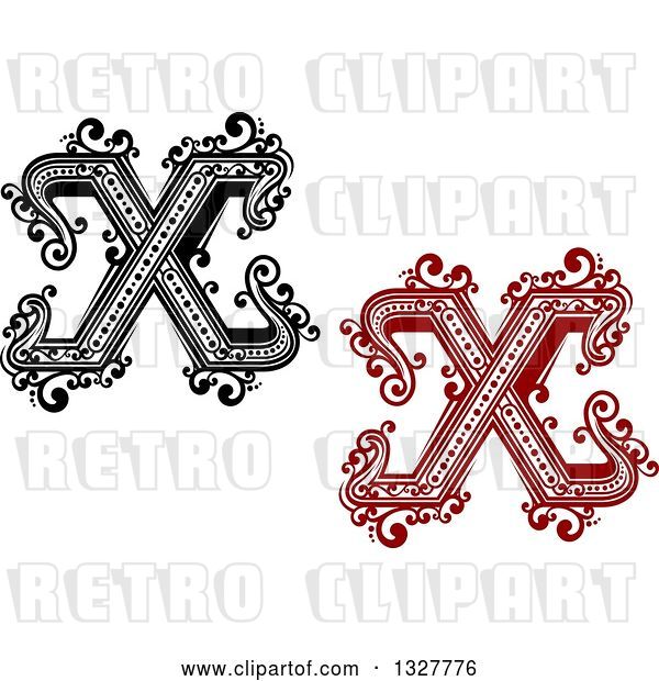 Vector Clip Art of Retro and Red Capital Letter X Designs with Flourishes