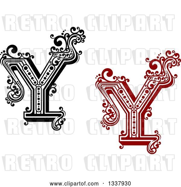 Vector Clip Art of Retro and Red Capital Letter Y with Flourishes