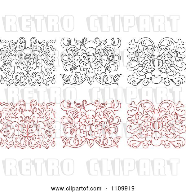 Vector Clip Art of Retro and Red Oriental Floral Design Elements