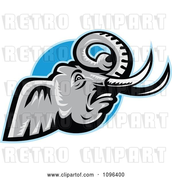 Vector Clip Art of Retro Angry African Elephant with Tusks over a Blue Circle