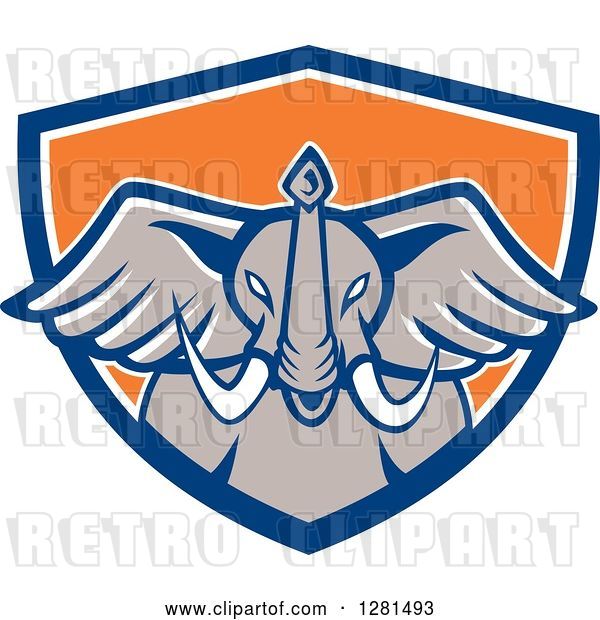 Vector Clip Art of Retro Angry Elephant Head in a Blue White and Orange Shield