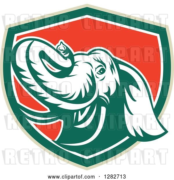Vector Clip Art of Retro Angry Elephant in a Green White and Red Shield