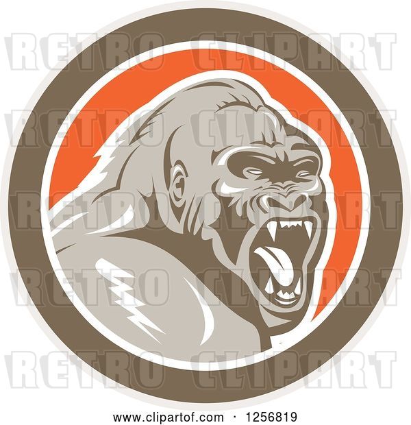 Vector Clip Art of Retro Angry Gorilla Screaming in a Brown White and Orange Circle