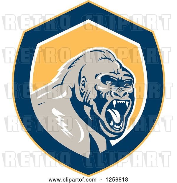 Vector Clip Art of Retro Angry Gorilla Screaming in a Yellow White and Blue Shield