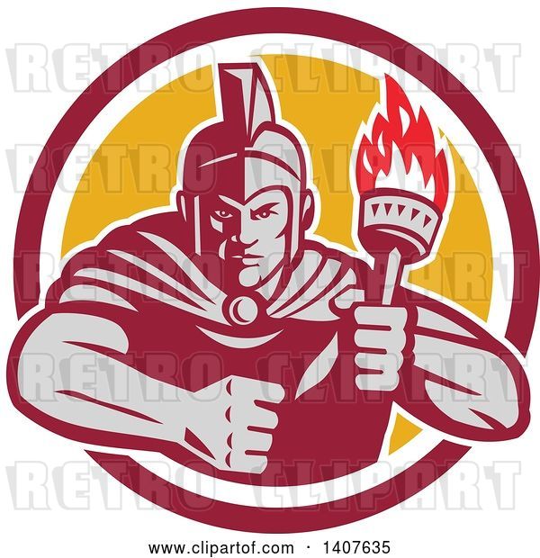 Vector Clip Art of Retro Angry Greek Warrior Holding a Flaming Torch, with a Balled Fist in a Red White and Yellow Circle