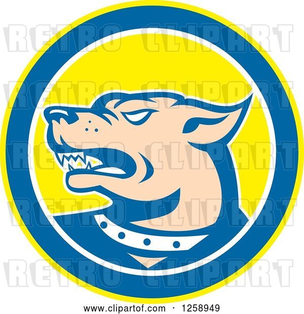 Vector Clip Art of Retro Angry Guard Dog in a Yellow Blue and White Circle