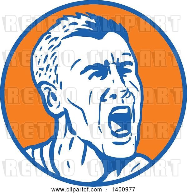 Vector Clip Art of Retro Angry Yelling Guy in a Blue White and Orange Circle
