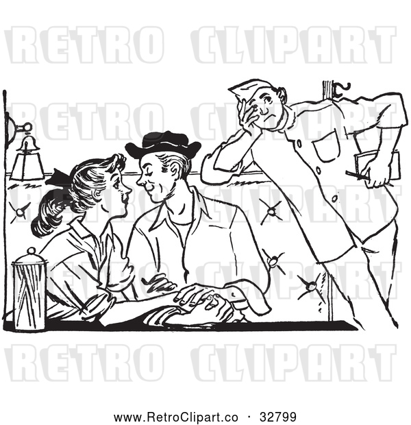 Vector Clip Art of Retro Annoyed Chaperone Watching a Teenage Couple Swooning at a Diner in Black and White