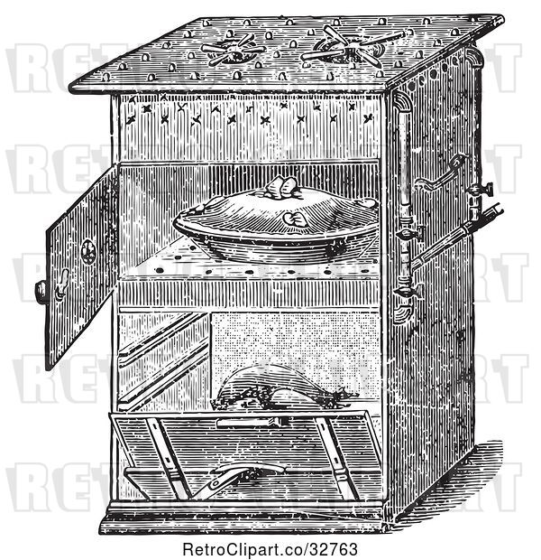 Vector Clip Art of Retro Antique Gas Cooking Stove with Food in the Oven, in