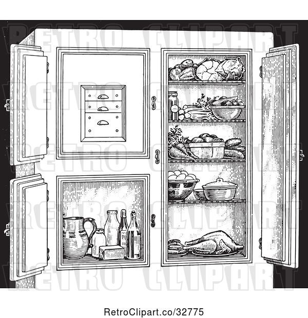 Vector Clip Art of Retro Antique Refrigerator with Food, in