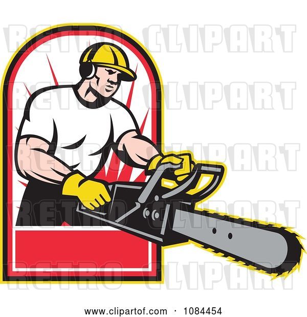 Vector Clip Art of Retro Arborist Holding out a Chainsaw