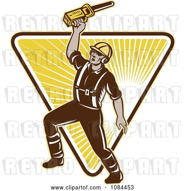 Vector Clip Art of Retro Arborist Holding up a Chainsaw