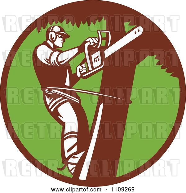 Vector Clip Art of Retro Arborist Tree Trimmer Using a Saw in a Green Circle