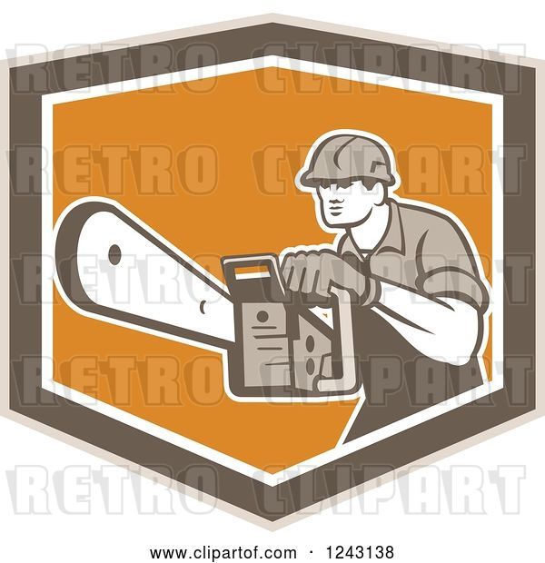 Vector Clip Art of Retro Arborist Using a Chainsaw in an Orange and Brown Shield