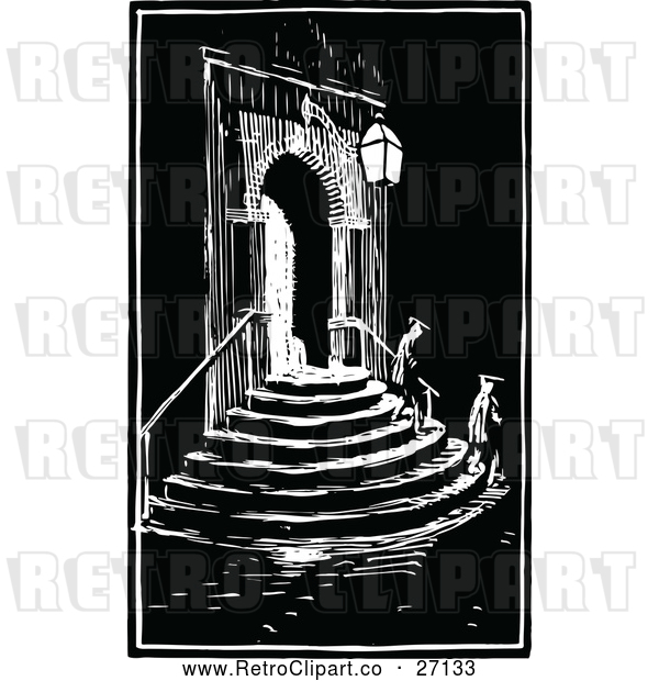 Vector Clip Art of Retro Architectural Entry with People on Stairs