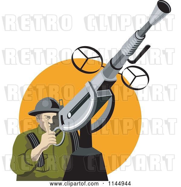 Vector Clip Art of Retro Army Soldier Shooting an Anti Aircraft Gun
