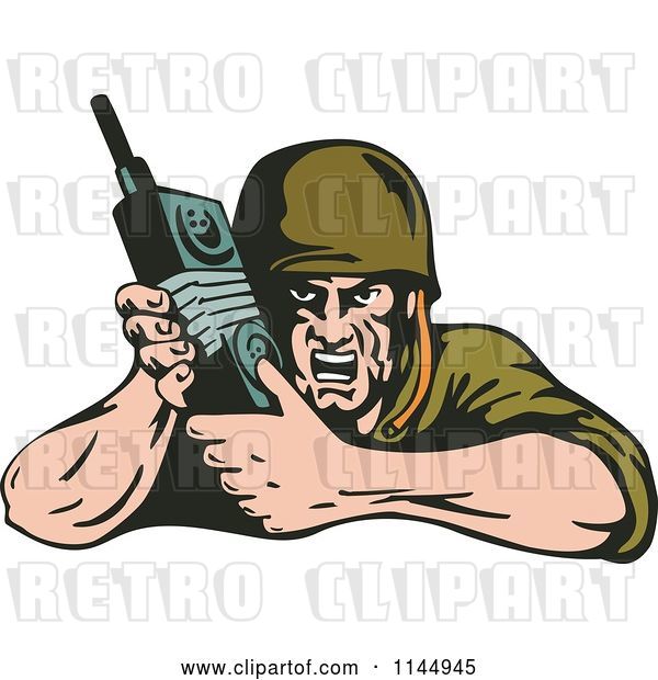 Vector Clip Art of Retro Army Soldier Using Radio