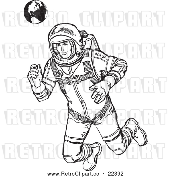 Vector Clip Art of Retro Astronaut Floating with Earth in the Background