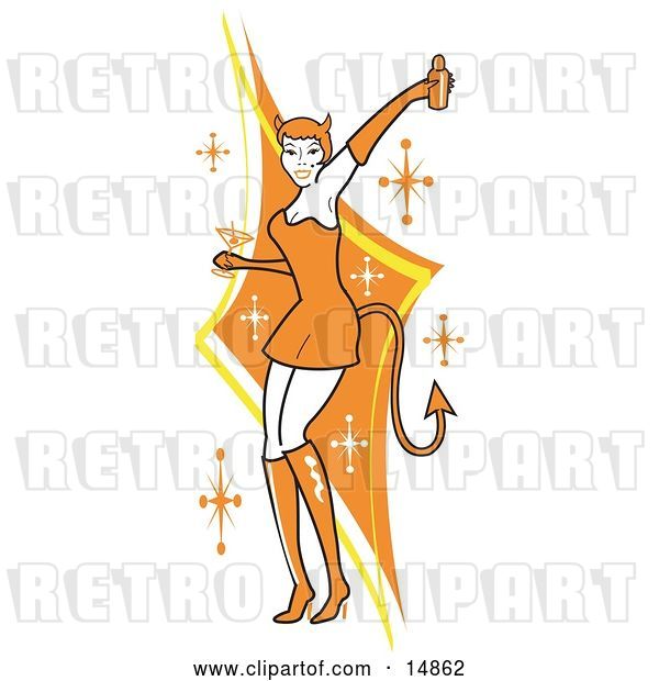Vector Clip Art of Retro Attractive Lady in a Tight Orange Dress, Gloves and Tall Boots and Forked Devil Tail, Dancing While Drinking at a Halloween Party