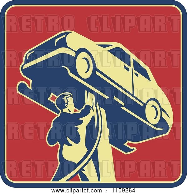 Vector Clip Art of Retro Auto Mechanic Working on a Car on a Lift on a Red Square