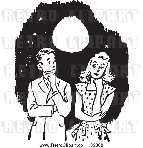 Vector Clip Art of Retro Awkward Teenage Couple Thinking Under a Full Moon in Black and White